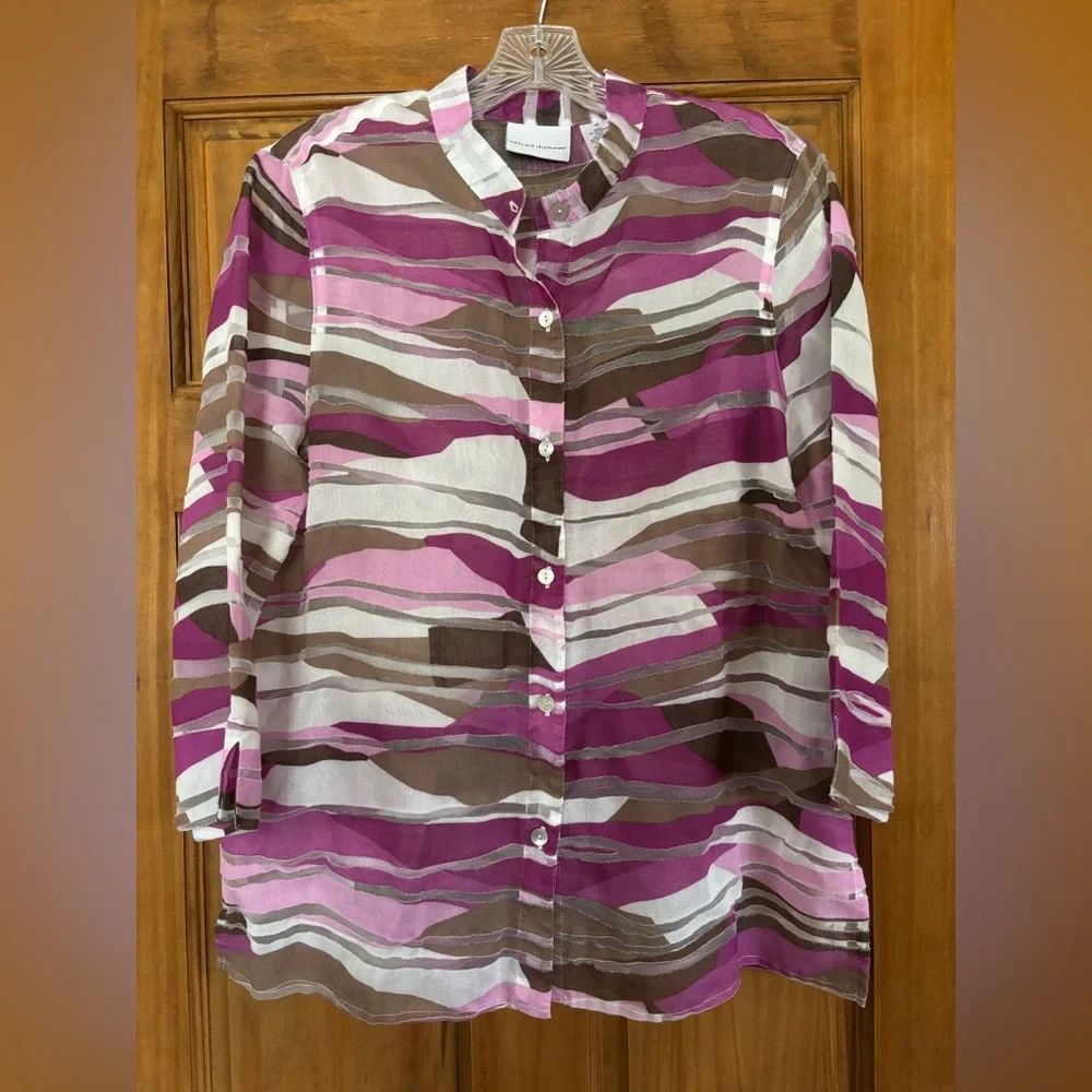 Alfred Dunner Pink, Purple and Gray Striped Semi-Sheer Blouse - Picture 1 of 6